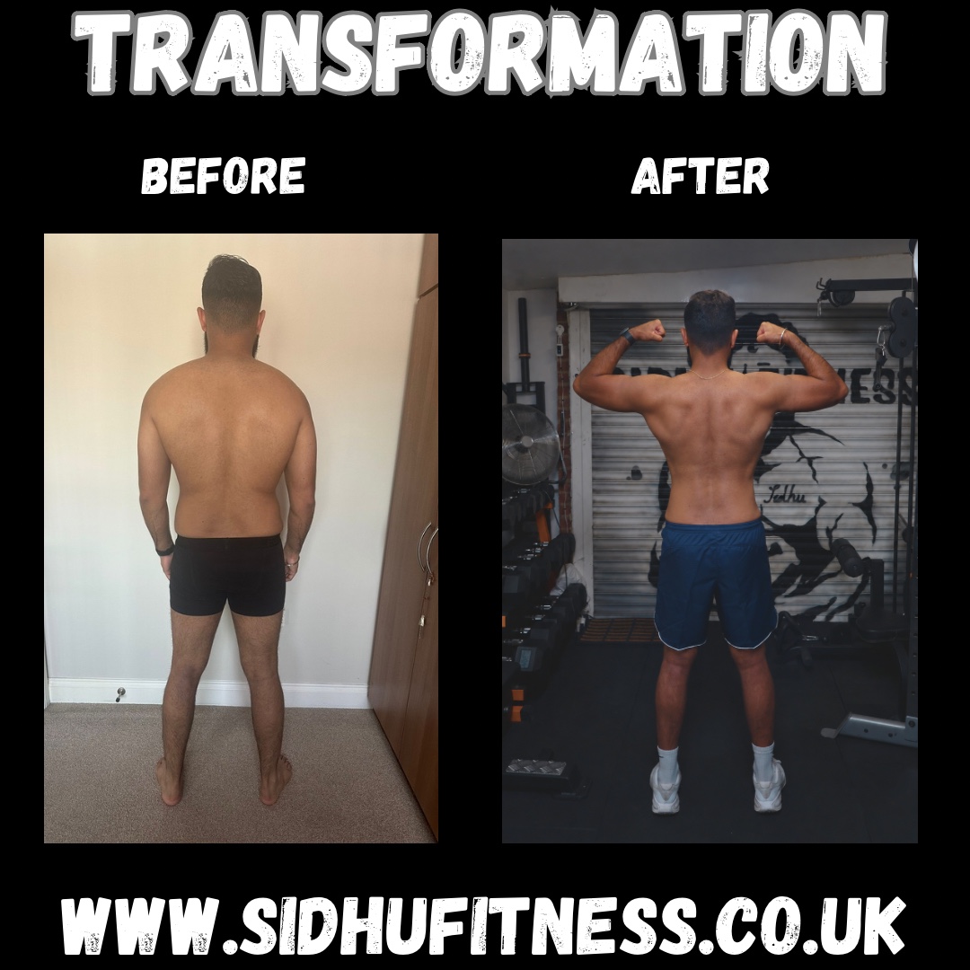 Sidhu Fitness before-and-after back comparison, with blue shorts in the studio after photo