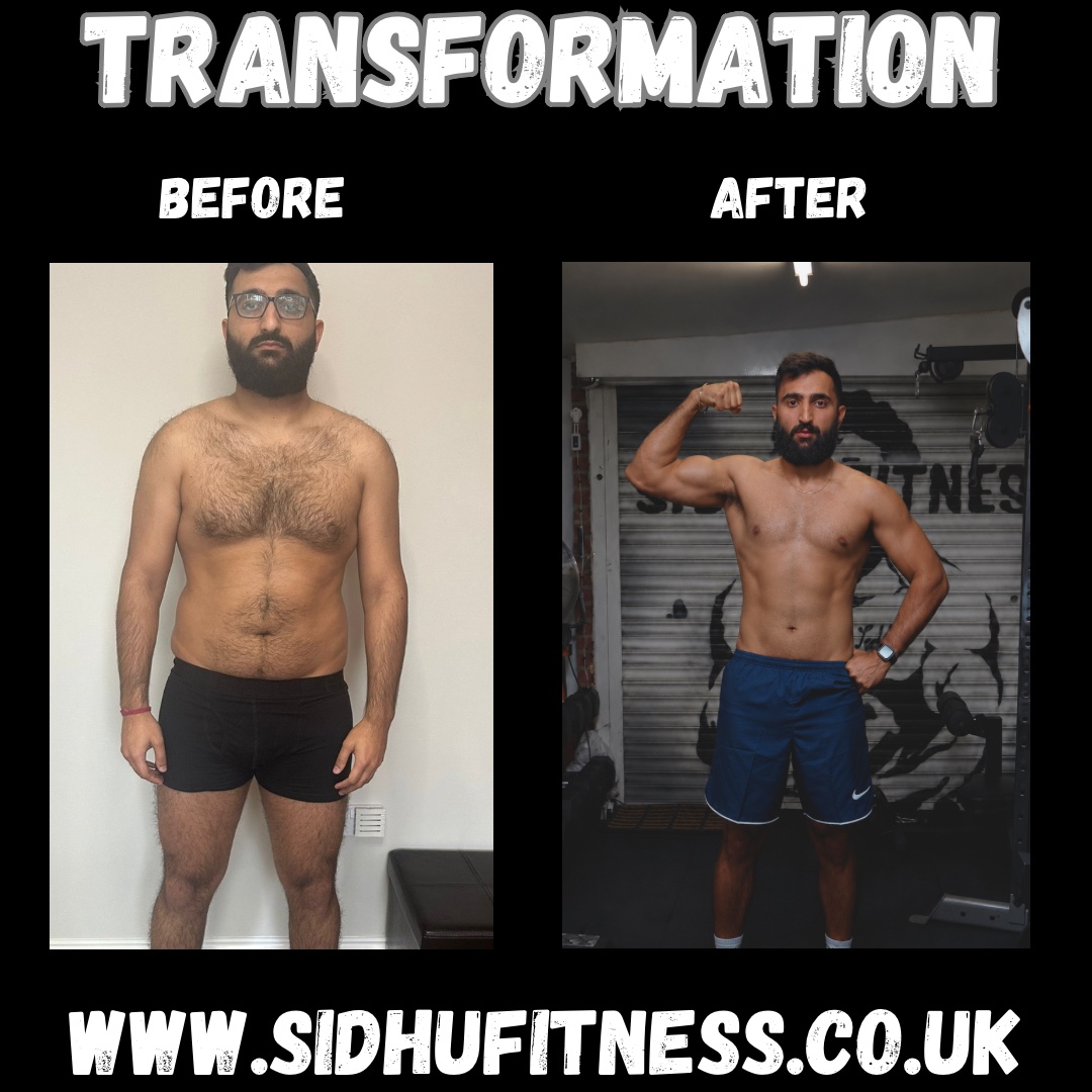Sidhu Fitness before-and-after front comparison, with blue shorts in the studio after photo
