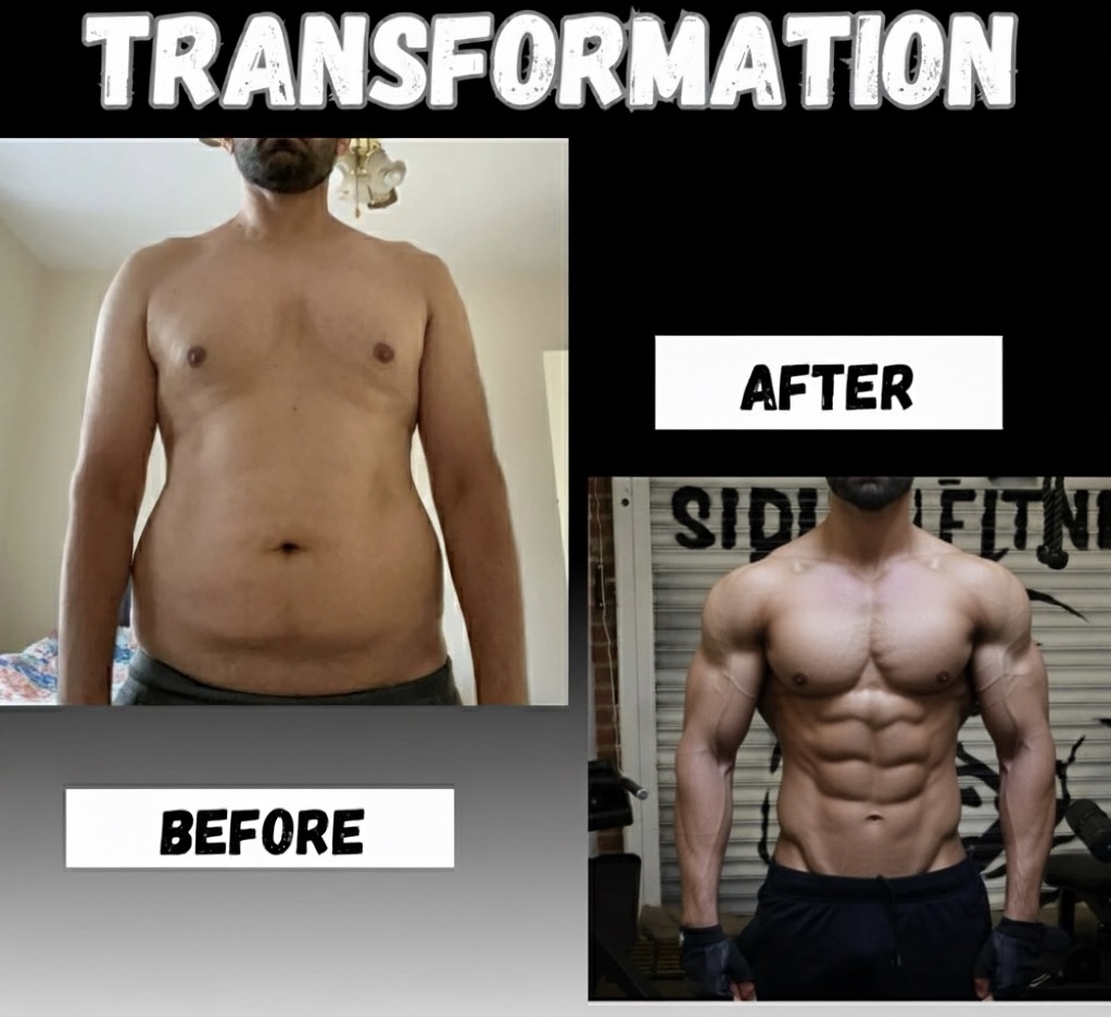 Sidhu Fitness before-and-after front comparison, with black training gloves in the studio after photo
