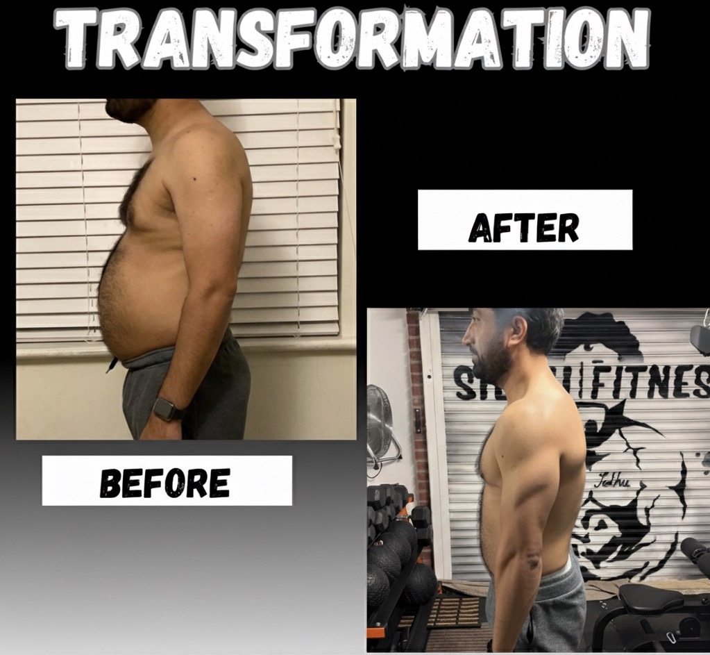 Sidhu Fitness before-and-after side comparison, with grey joggers and the studio in the after photo